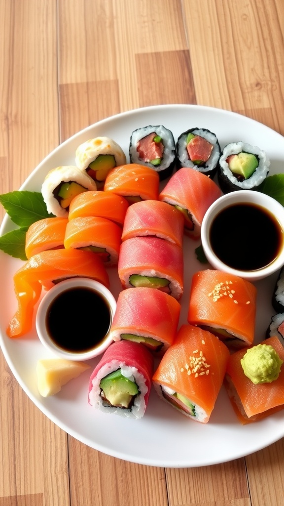 Artful sushi rolls on a platter, showcasing vibrant colors and garnishes, with soy sauce and wasabi on the side.